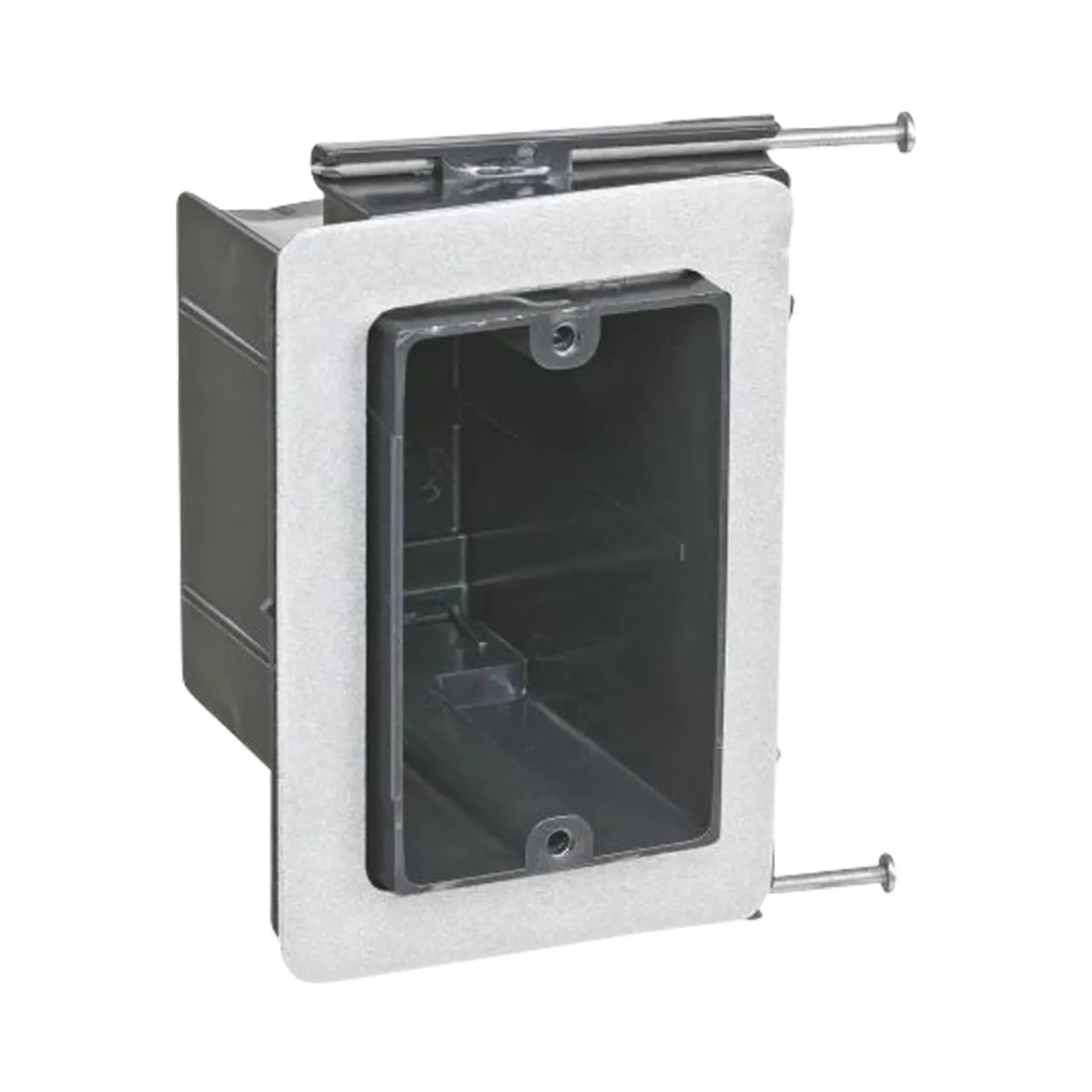 The Go Build 1-Gang 22-1/2 cu. in. New Work Non-Metallic Vapor Tight Wall Box includes a metal mounting bracket and two long screws for secure wall installation.
